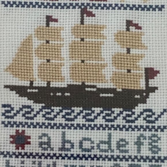 Sullins House Reproduction ABC Sampler Nautical Cross Stitch Clipper Ship Framed - Picture 5 of 6